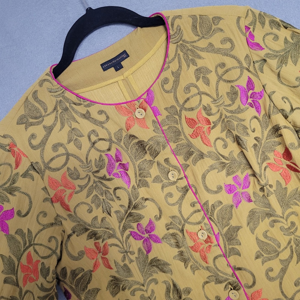 Abraham & Thakore‎ Button Front Top L Mustard Yellow Cotton Floral Embroidered